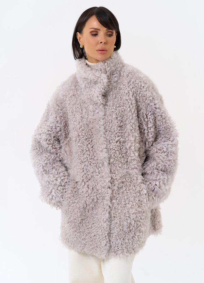 Женская двухсторонняя дубленка с воротником стойкой модель № 31849 в рассрочку