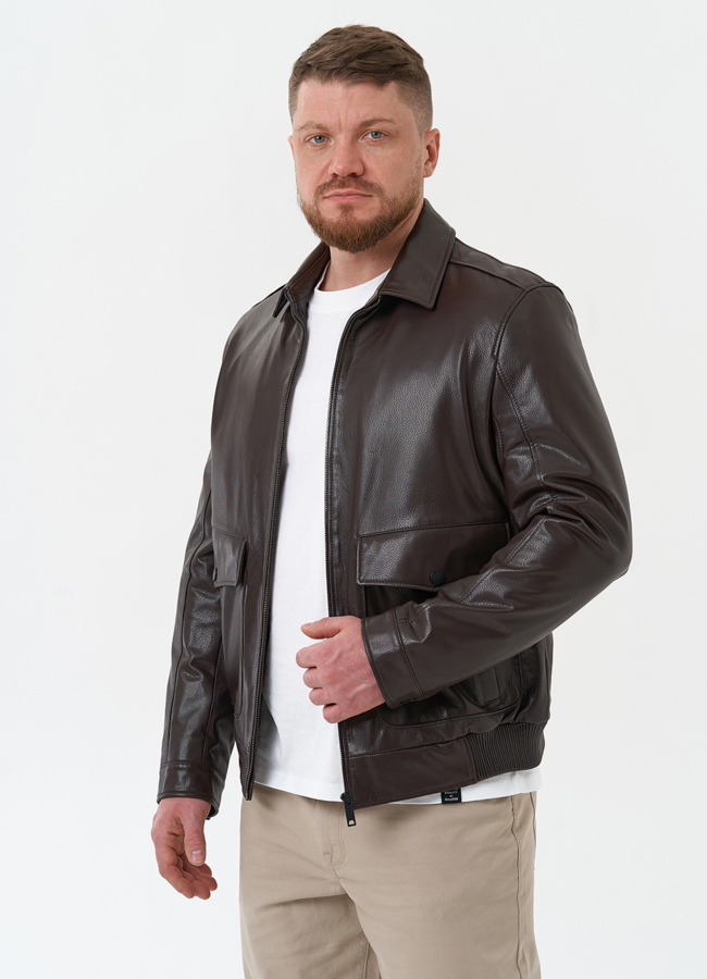 фото Мужская куртка из натуральной кожи коричневого цвета модель № 30069