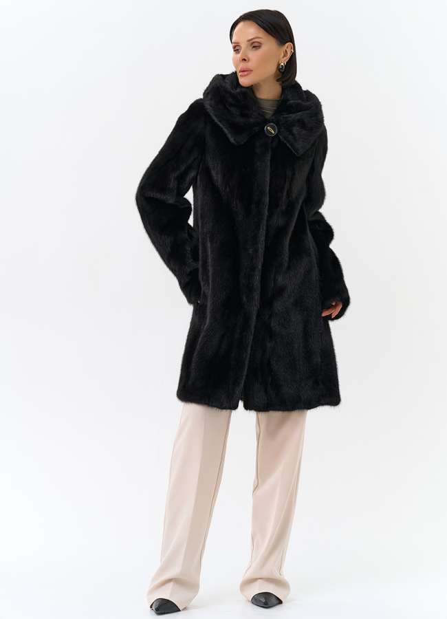 Шуба из норки с капюшоном черного цвета модель № 27662 универмаг малина