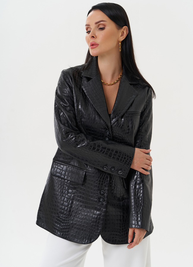 Жакет из натуральной кожи черного цвета модель № 27825 в кредит