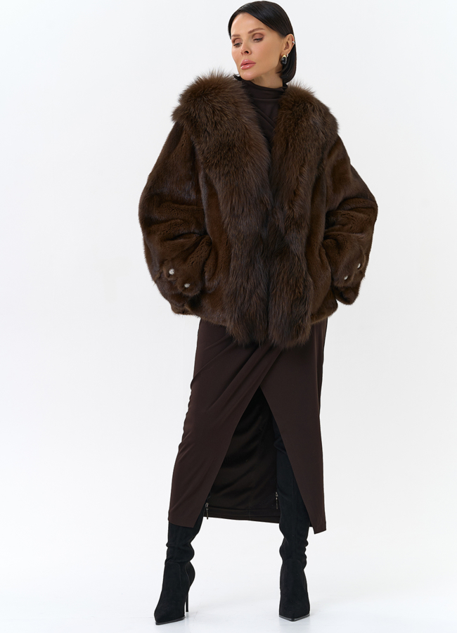 Шуба из норки с отделкой из меха чернобурки модель № 32030 универмаг малина