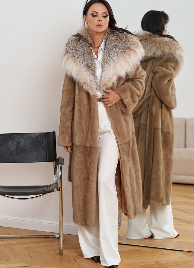 Женская шуба из меха норки с капюшоном из меха рыси модель № 29531 универмаг малина