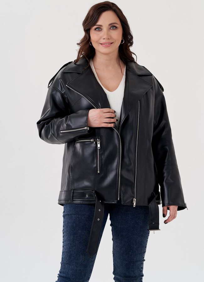 Куртка-косуха из эко кожи на утеплителе с натуральным мутоном модель № 24213 в рассрочку