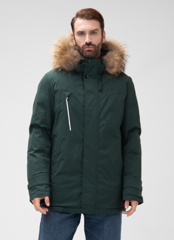 Мужской пуховик с капюшоном из меха енота