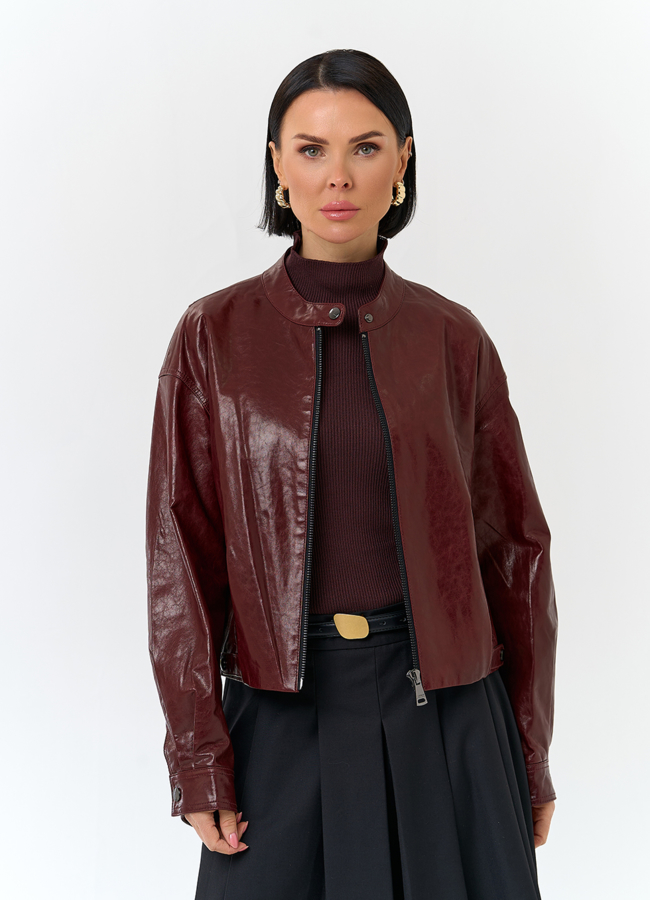 Куртка из натуральной кожи бордового цвета модель № 32845 меха малина