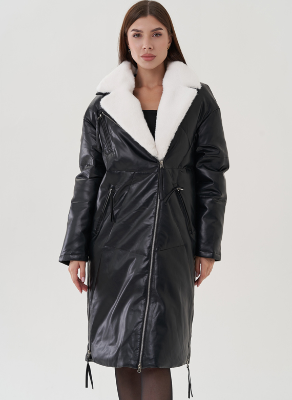 Пуховик женский из эко кожи с английским воротником