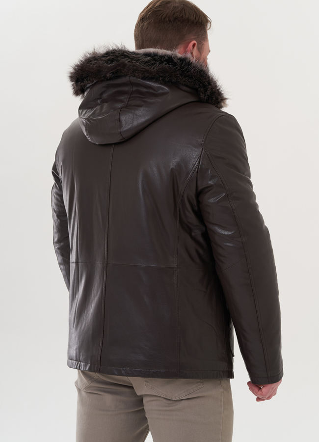 Пуховик из натуральной кожи с капюшоном модель № 26230 универмаг малина