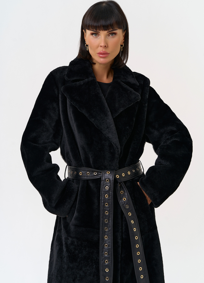 Женская натуральная дубленка с двойным поясом модель № 31612 универмаг малина