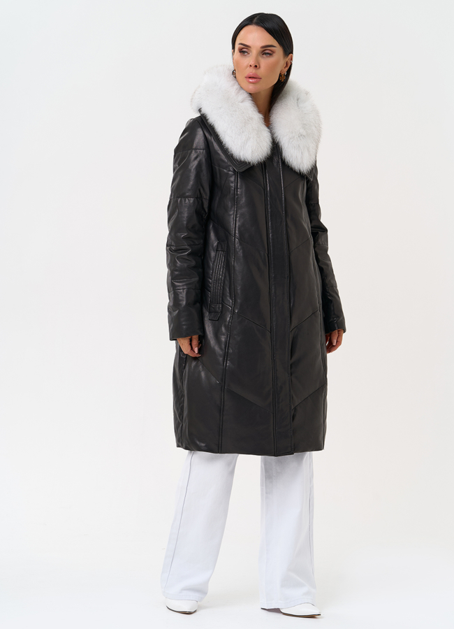 Длинный пуховик из натуральной кожи модель № 31568 меха малина