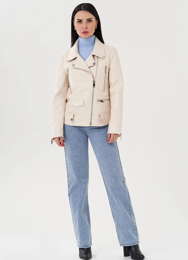 Светлая куртка косуха из эко кожи модель № 24218 меха малина