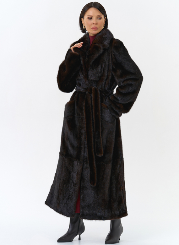 Длинная шуба из меха норки с английским воротником