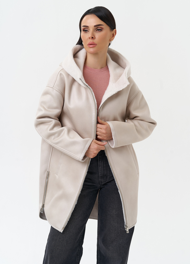 Женская дубленка из эко замши с капюшоном модель № 30205 универмаг малина