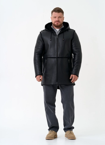Мужская натуральная дубленка с капюшоном фото