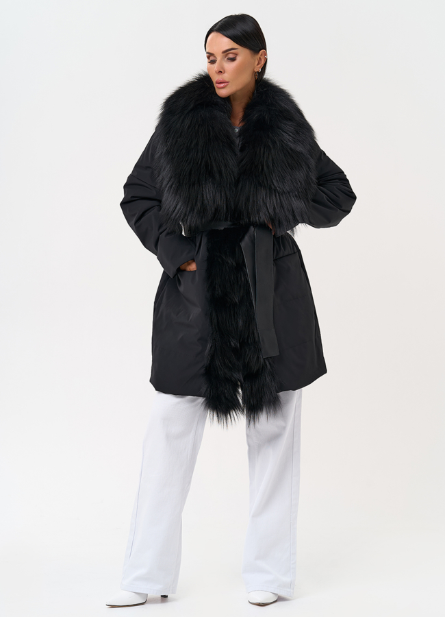 Женское зимнее полупальто черного цвета с мехом лисы модель № 31406 универмаг малина