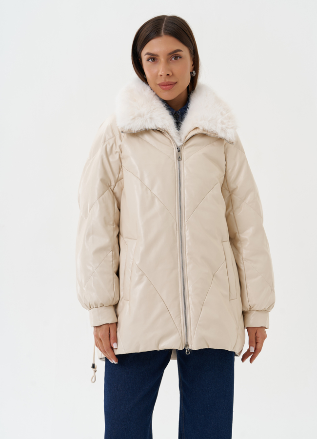 фото Пуховик из эко кожи с воротником из эко меха модель № 27990