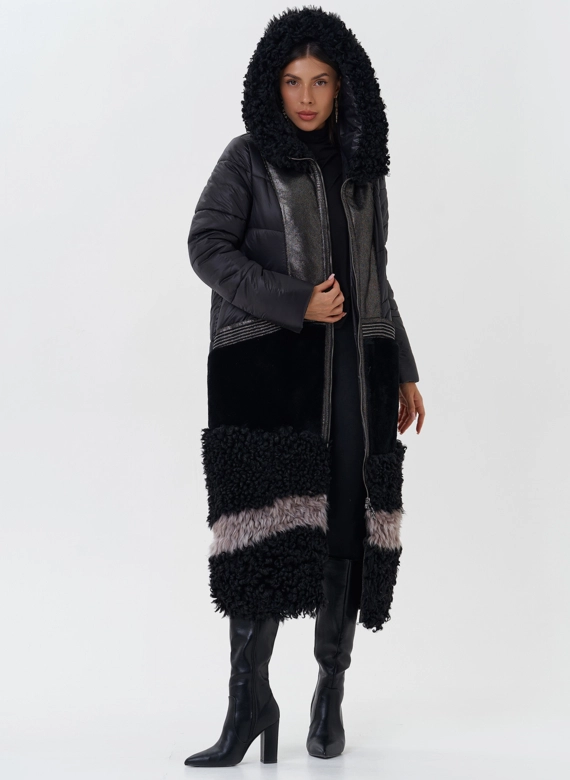 Комбинированный пуховик с капюшоном