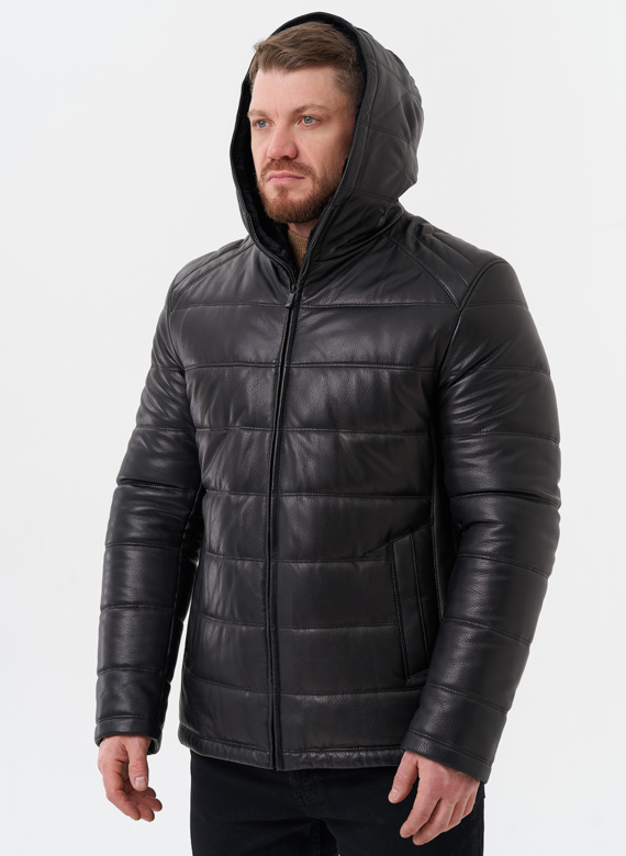 Пуховик из натуральной кожи с отделкой из мутона