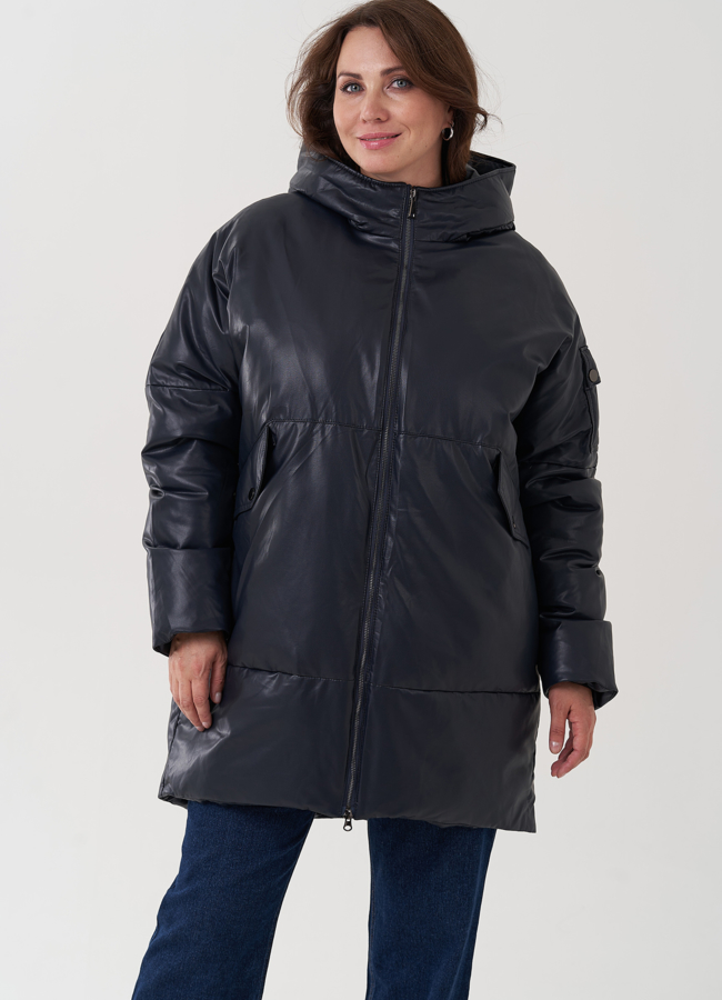 Женский пуховик синего цвета из эко кожи модель № 25332 универмаг малина