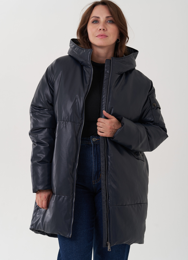 Женский пуховик синего цвета из эко кожи модель № 25332 универмаг малина