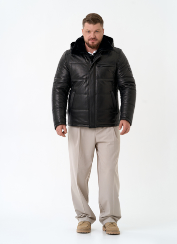 Мужской пуховик из натуральной кожи с капюшоном