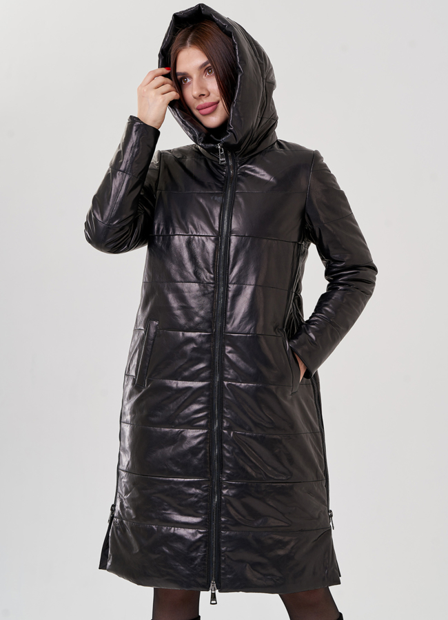 Женский пуховик из натуральной кожи с капюшоном  модель № 18231 универмаг малина