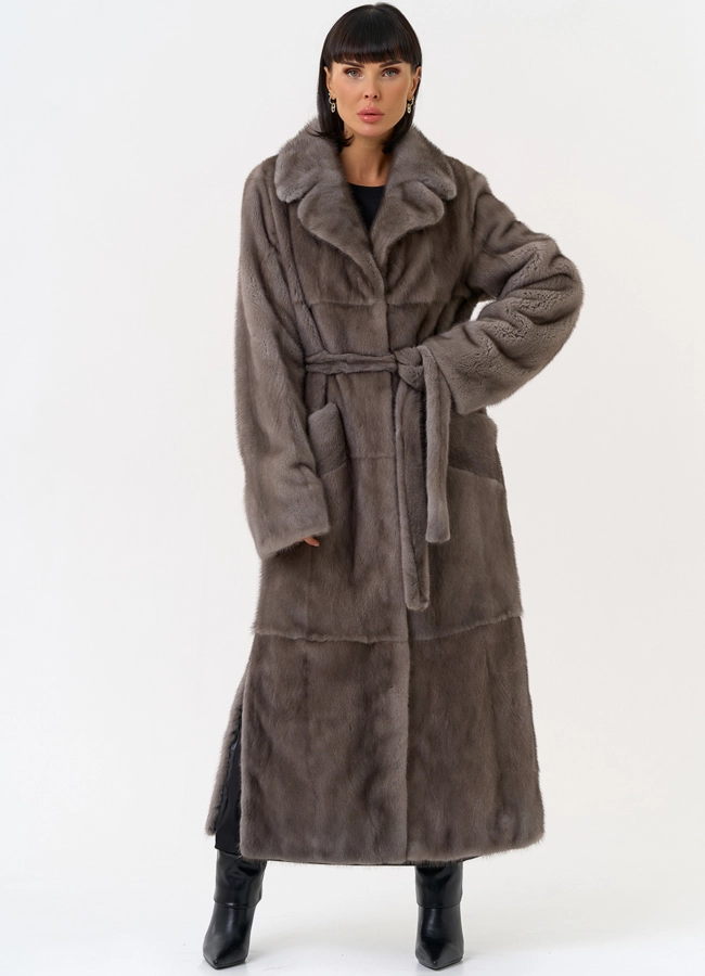 Длинная шуба из меха норки с английским воротником модель № 31598 меха малина