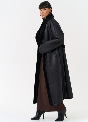 Женская двухсторонняя дубленка из эко замши с воротником шаль