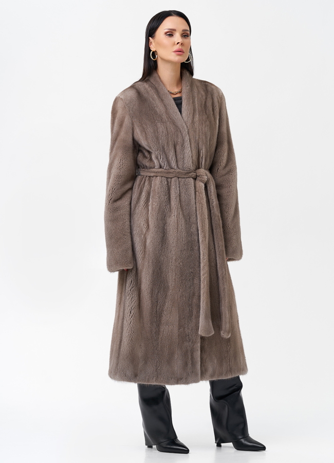 Длинная шуба из норки с поясом модель № 29088 универмаг малина