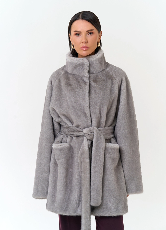 Женское пальто из эко меха модель № 33874 меха малина