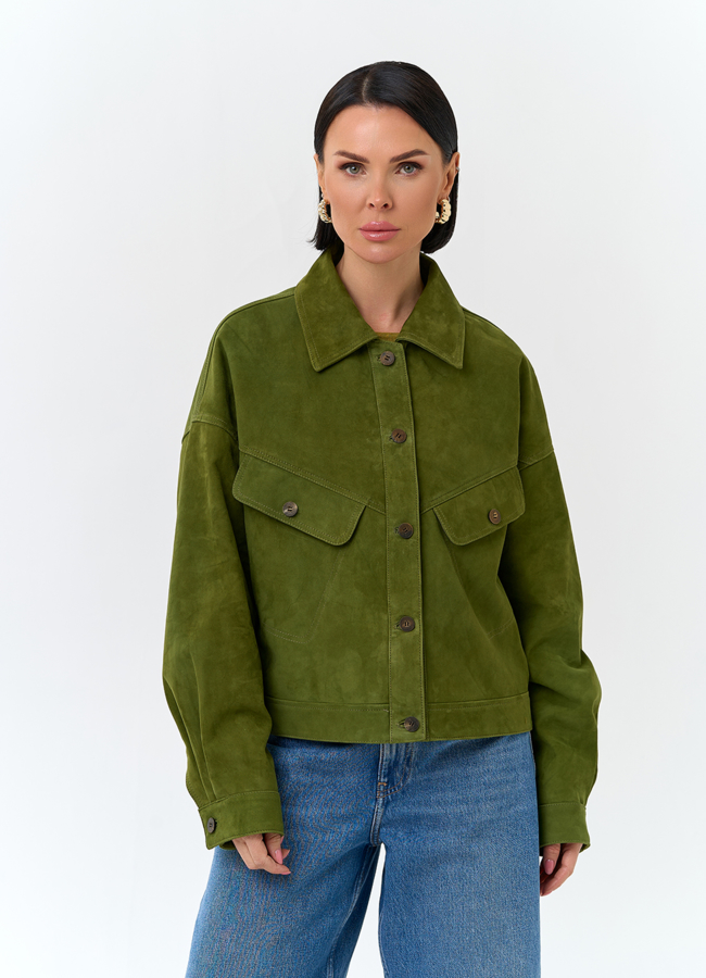 Женская куртка из натуральной замши зеленого цвета модель № 32672 универмаг малина