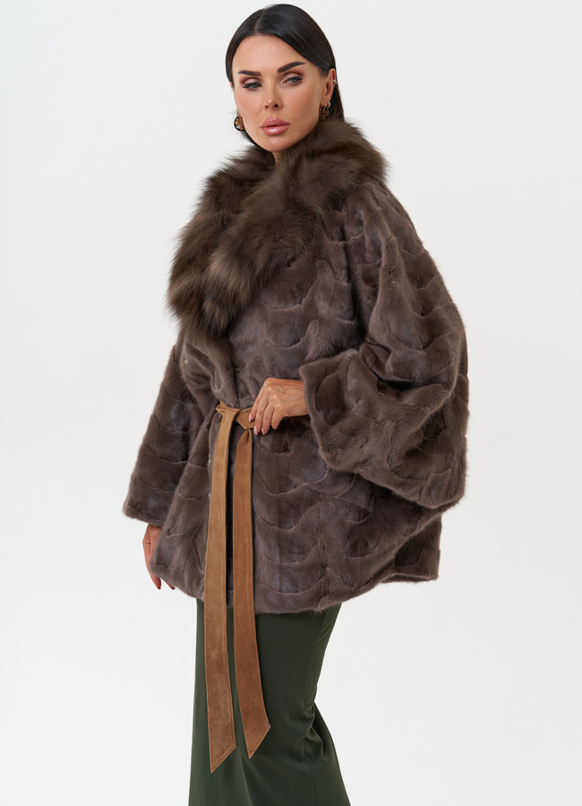 Норковая шуба с отделкой из лисы модель № 6318 универмаг малина