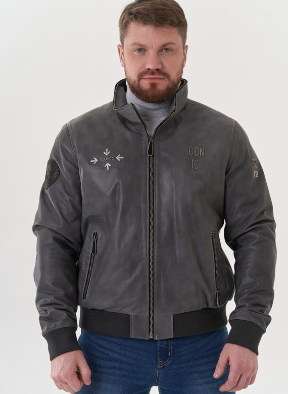 Мужская кожаная куртка "бомбер" с капюшоном