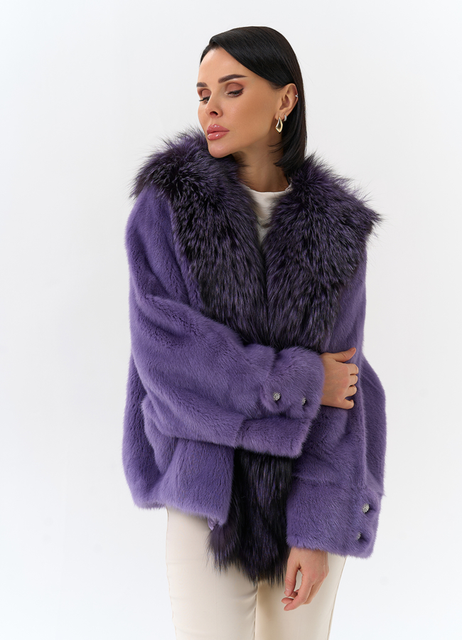 фото Шуба из норки с отделкой из меха чернобурки модель № 31177