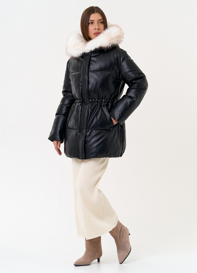 Женский пуховик из эко кожи с отделкой из эко меха модель № 30734 универмаг малина