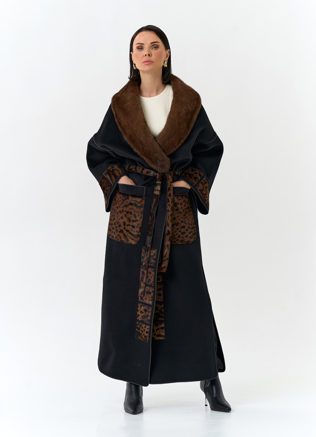 Женское длинное пальто с воротником из меха норки модель № 32647 в рассрочку