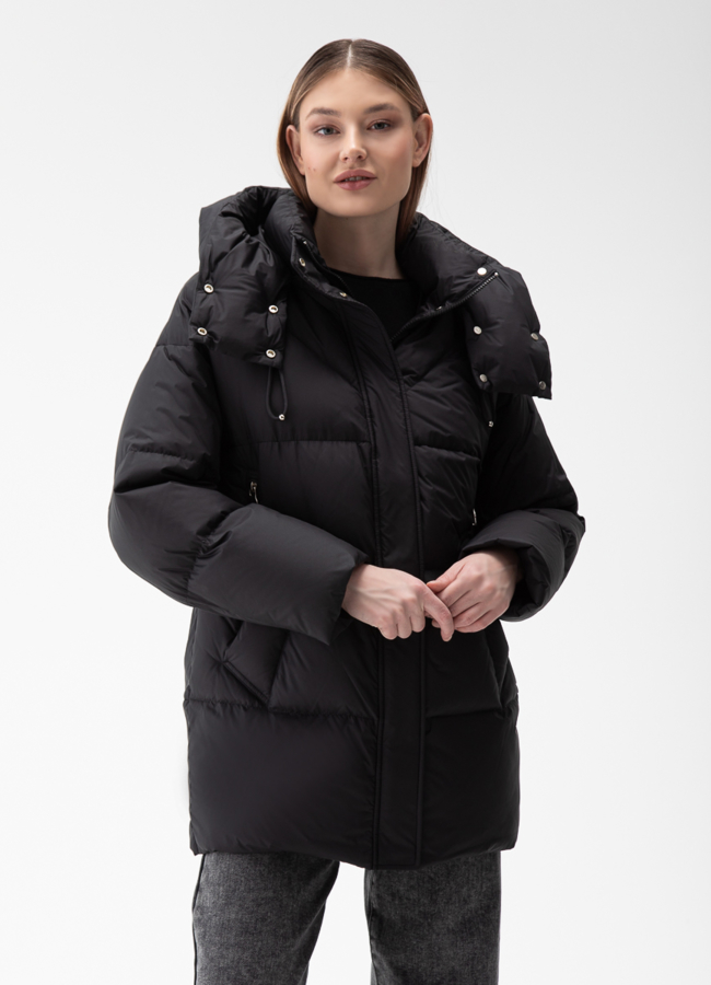 Женский пуховик с капюшоном  модель № 28385 меха малина