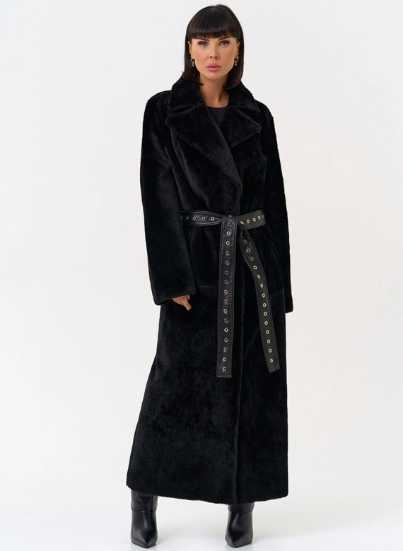 Женская натуральная дубленка с двойным поясом