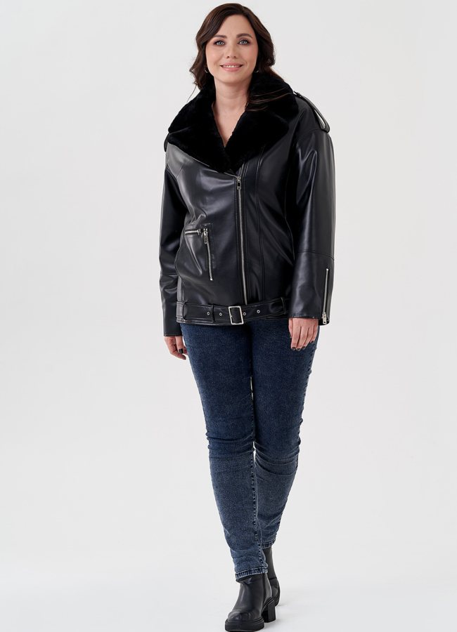 Куртка-косуха из эко кожи на утеплителе с натуральным мутоном модель № 24213 универмаг малина