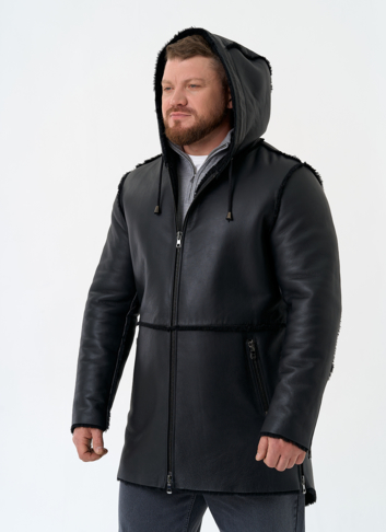 Мужская натуральная дубленка с капюшоном