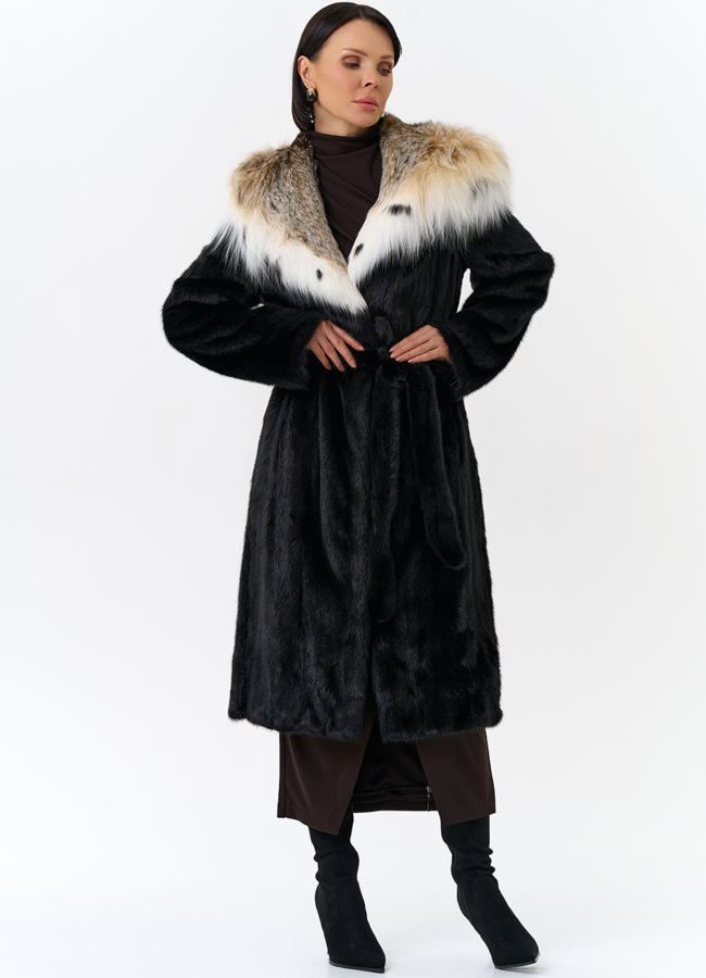 Норковая шуба с рысью в черном цвете модель № 25002 меха малина