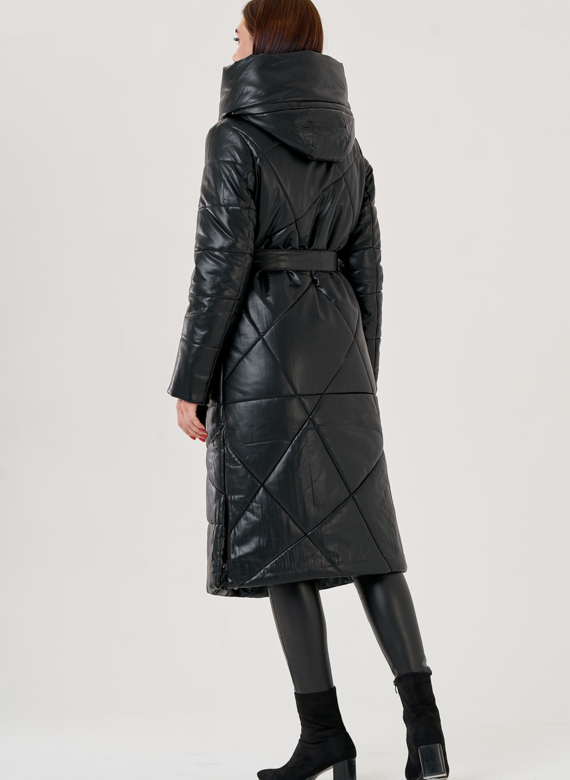 Черный длинный пуховик из эко кожи Malina Siberian