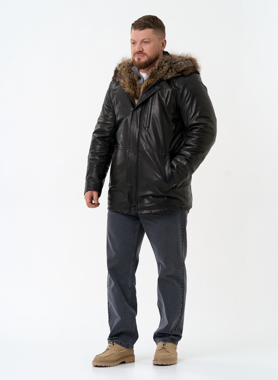 Мужская натуральная дубленка на волке с отделкой из меха енота