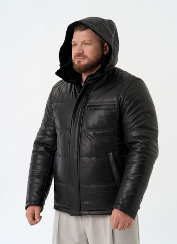Мужской пуховик из натуральной кожи с капюшоном