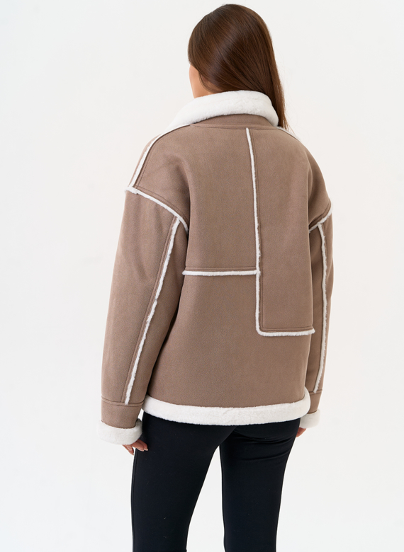 Женская дубленка из эко замши с воротником стойкой