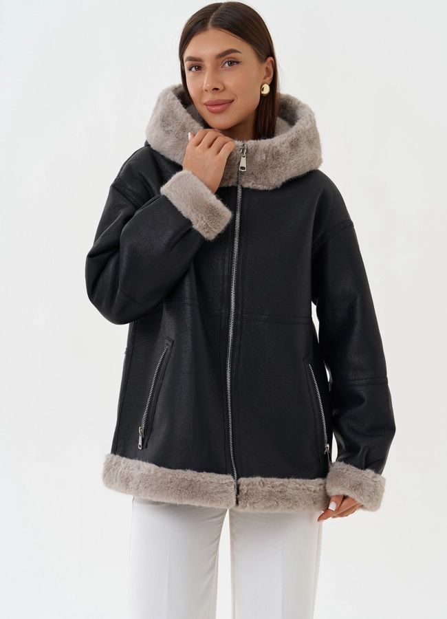 Женская эко дубленка с капюшоном модель № 27760 в рассрочку